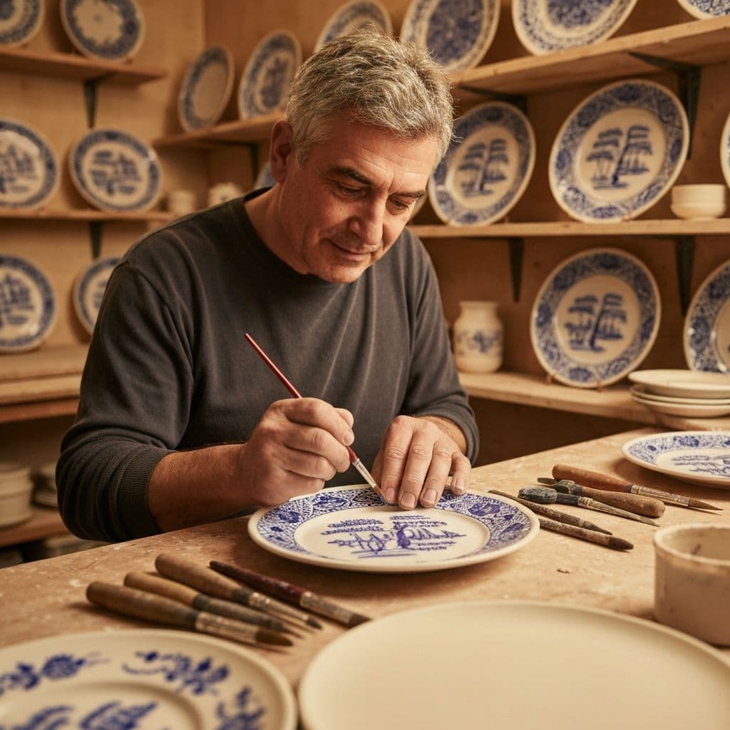 Artisan hand-painting the Blue Willow pattern in a traditional English pottery workshop